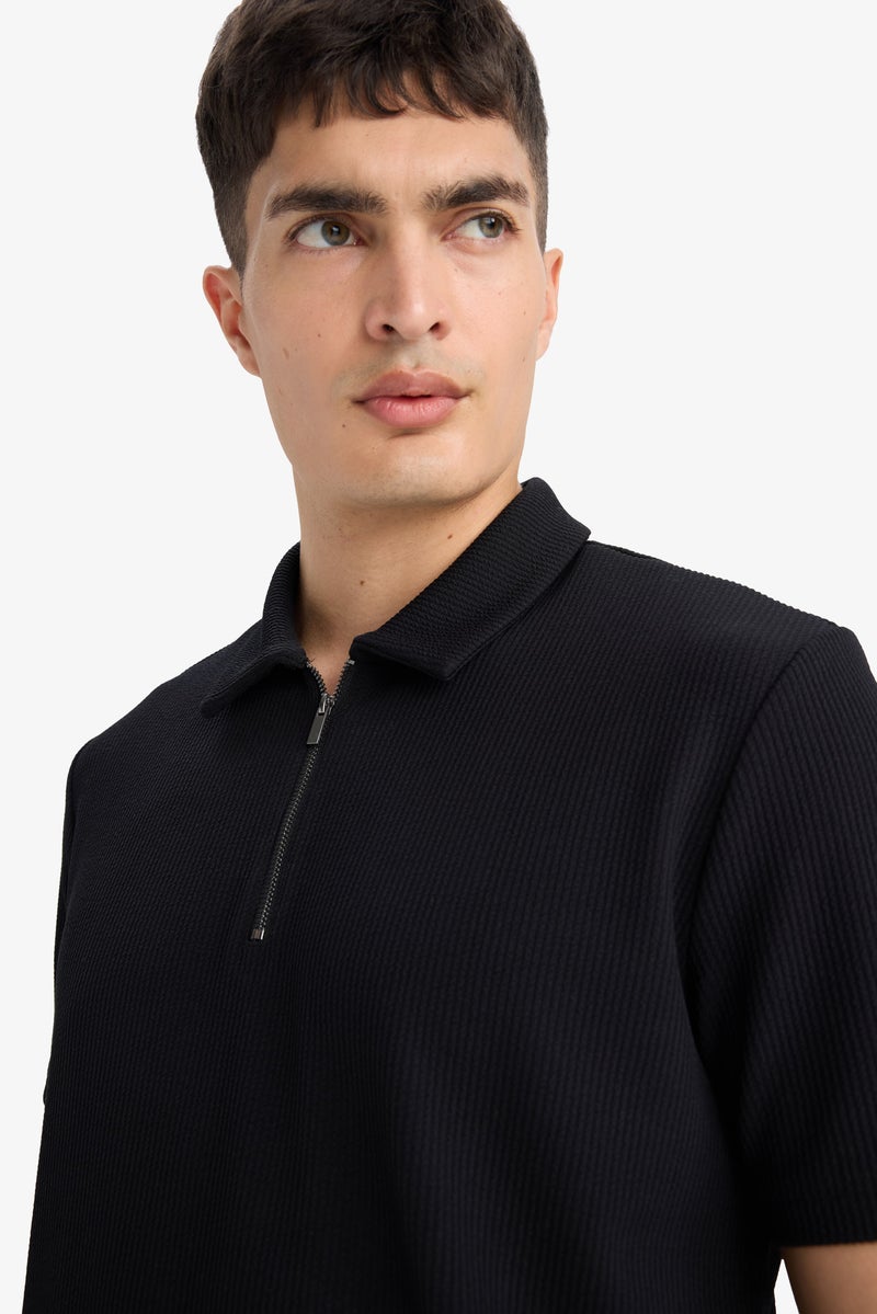 DeFacto Black Man Regular Fit Half Zip Pleated Polo T-Shirt Casual - Image 5
